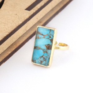 Anillo con forma de barra para madre, anillo de piedras preciosas de cobre azul cielo turquesa, chapado en oro, abierto, ajustable, regalo - Product Image 3