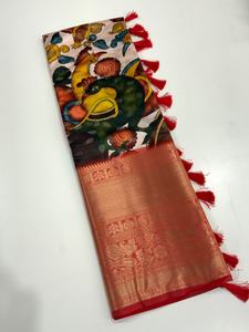 El último traje de diseñador, blusa Sari de seda Banarasi suave con estampado de flores Kalamkari, fabricante de trabajo de India - Product Image 6