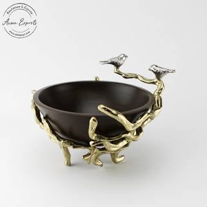 High Quality Handcrafted Decorative Love <b>Birds</b> <b>Wooden</b> Bowl Aluminum Stand with Gold Finished Used for Serving Fruits <b>Table</b> Top - Product Image 1