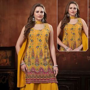 Traje Palazzo Amarillo Mostaza de Diseñador para Mujer con Kurti Bordado y Dupatta para Bodas y Fiestas - Product Image 1