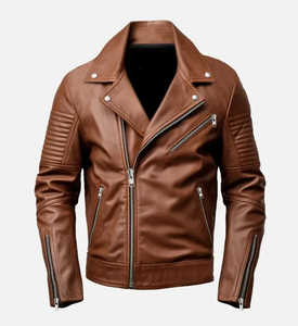 Veste en cuir de motard tan pour hommes avec fermeture à glissière Style hiver décontracté fini - Product Image 1