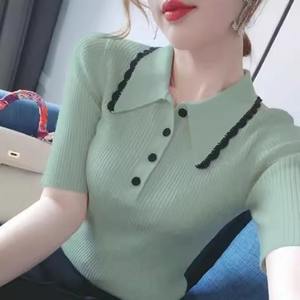 Camiseta de manga corta de verano 2024 para mujer, Jersey ajustado de Color sólido con botones y cuello Polo empalmado, camiseta interior de punto transpirable, Tops - Product Image 4