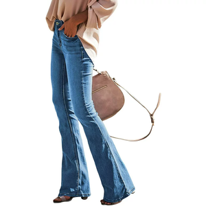 กางเกงยีนส์ขาบานย้อนยุคสำหรับผู้หญิง, เอวลอยกลางเอวสูงปานกลางระบายอากาศลำลอง - Product Image 2