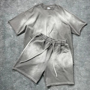 Été chaud haute qualité hommes deux pièces Shorts ensemble hommes costumes acide lavage coton 100% t-shirts survêtement course pierre lavage Shorts ensembles - Product Image 2