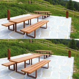 Juego de Picnic de Madera de Teca en Oferta, Bancos de Madera para Comer al Aire Libre, Estructura de Acero Resistente y Duradera, Resistente a la Intemperie - Product Image 4