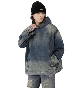 Sudadera con Capucha Estilo Denim Desgastado para Hacerla Parecer Vieja, Abrigo Holgado para Hombre, Moda Urbana - Product Image 1