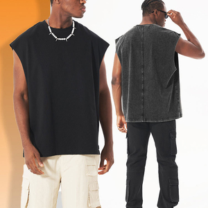 Fait sur mesure hommes col rond bord brut en détresse T-shirt sans manches hommes coupé sur la taille Vintage lavage à l'acide avec manches - Product Image 5