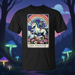 T-shirt Promozionale Sarcastica con Carta dei Tarocchi 'Audacity Skeleton Riding Unicorn' - Product Image 3