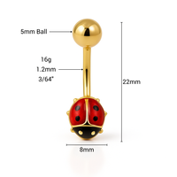 Piercing de nombril unisexe JJ Bravo tendance en émail Coccinelle, tige de 12 mm en or jaune pur, bijou cadeau de fiançailles