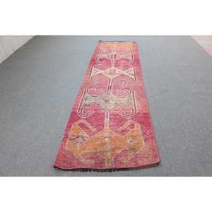 Tapis turc vintage 3x10,2 pieds, tapis rouge à carreaux Herki - Product Image 1