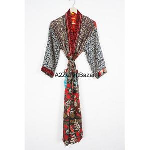 Robe kimono pour femme en soie pure à 100%, élégante, respirante, longueur totale, fermeture à cordon, avec tissu sari indien - Product Image 6