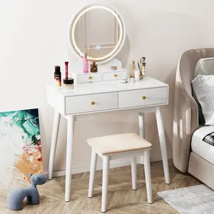 Hot Sale White Makeup Vanity Set Mirror Lights Desk Chair Shelves Drawers - Elegant Bedroom Beauty Station With Storage