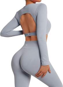 Ensemble de yoga classique fait de leggings taille haute sans couture en tissu extensible respirant ceinture côtelée et haut de soutien-gorge d'entraînement court - Product Image 2