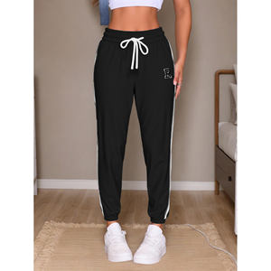 Pantalones Jogger Negros Transpirables de Mujer con Cordón Rayas Laterales Aplicaciones Estilo Cargo Casual Técnica Arrugada para Uso Diario LJ - Product Image 1