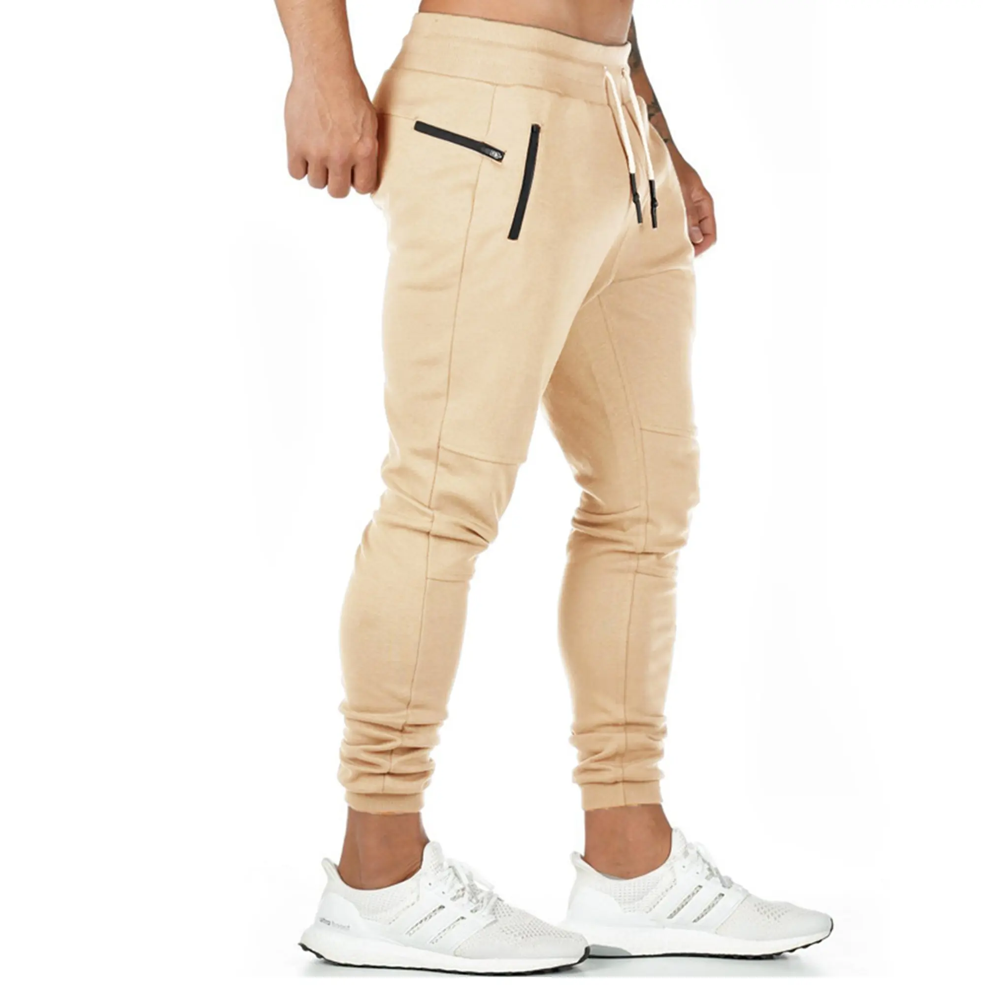 Son Model erkekler Slim Fit yan fermuar cepler rahat pamuk düz spor salonu Fitness Sweatpants elastik bel rahat pantolon pantolon