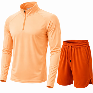 Ensemble pour homme, haut à manches longues à col zippé orange avec short à cordon de serrage, séchage rapide, couleur unie, polyester - Product Image 2