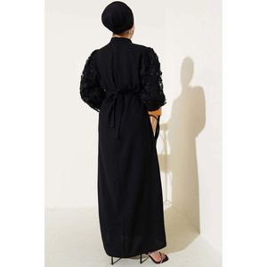 Robe Ceinturée Florale à Manches Tulle Noir - Product Image 3