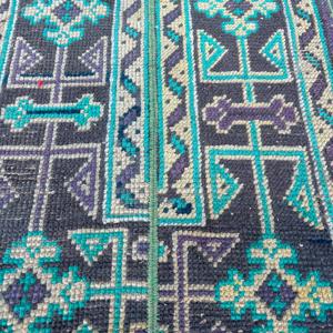 Vintage <b>Runner</b> Rug 1.7x11.5 ft, Blue <b>Green</b> Ikat Rug Wool - Product Image 5