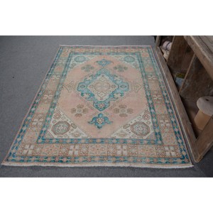 Alfombra turca Vintage azul Rosa tradicional 4,6X6,1 pies Patrón de retazos Alfombra de lana para sala de estar para decoraciones de adolescentes Látex - Product Image 3