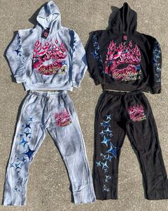 Custom High Quality Breathable Cotton Streetwear Tracksuit Set-Acid Wash Screen Printed Flared Sweatpants and Hoodie - Product Image 1