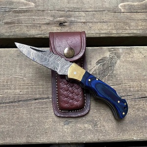 Jexmoo Custom Handmade Damascus Steel Pocket <b>Knife</b> with Leather Sheath for Anniversary Gift Groomsman Present - Product Image 4