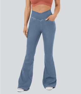 Jean évasé taille haute en denim délavé effet rafraîchissant pour femme, contrôle du ventre, style décontracté d'été, prix fabricant - Product Image 2