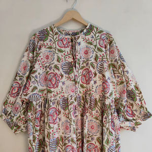 Hand Block Print Floral Print Cotton Floor-Length V-neck Long Sleeve Casual Maxi <b>Dress</b> <b>Summer</b> Outfit Women Vacation <b>Dress</b> Sale - Product Image 1