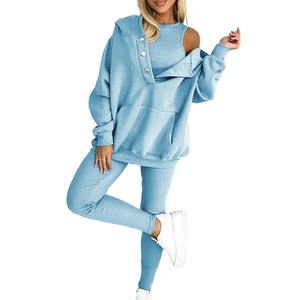 Traje con capucha para mujer, jersey de bolsillo de manga larga, Top, Sudadera con capucha de 3 piezas para mujer, conjunto de pantalones deportivos suaves - Product Image 1