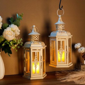 Linternas decorativas Estilo vintage Linterna colgante Linterna de vela de metal para interiores Eventos al aire libre Fiestas y bodas Blanco - Product Image 5