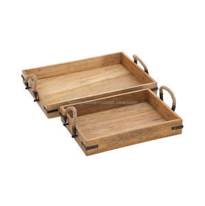 Ensemble de 2 plateaux en bois de mangue de ferme avec poignées, cadre en bois, plateau de rangement tissé, articles divers en bambou - Product Image 2