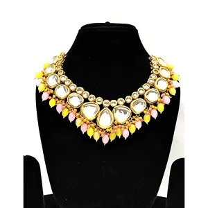 Ensemble de collier vintage jaune rose Kundan pour femmes, plaqué or, avec perles et diamants, pour cadeau de mariage, bijoux fins pour mariée - Product Image 2