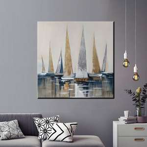 ภาพพิมพ์บนผ้าใบเรือใบชายฝั่งสมัยใหม่ - ของตกแต่งทางทะเลแบบนามธรรมสีทองและสีน้ำเงิน ห่อหุ้มอย่างดี - Product Image 1