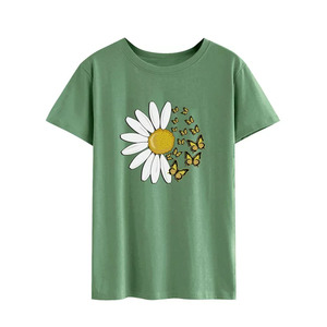 เสื้อยืดคอกลมสำหรับผู้หญิงผ้าคอตตอนพิมพ์ลายสีพื้นพร้อมกระดุมตกแต่งทรงพอดีตัวทั่วไปตาม100% - Product Image 2