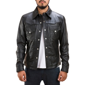 Veste en cuir véritable noire pour homme de qualité supérieure, col rabattu, fermeture à boutons, coupe classique, style automne - Product Image 3