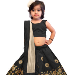 Shoryam - Lehenga Choli Tradicional de Seda Negra para Niñas, Largo hasta el Suelo, para Fiestas, Bodas, Festivales, con Bordado de Flores Doradas, Estilo Étnico Indio - Product Image 1
