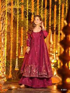 Latest Ethnic Wear Natural Crep Silk Material Salwar Kameez with Intricate Thread Sequnce Work Anarkali with Plazoo Dupatta Set - Product Image 4