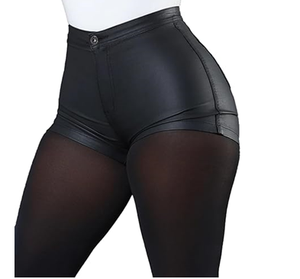 Shorts de Mujer en Cuero Sintético Negro, Cintura Alta, Sexy, Elásticos, Mini Shorts Ajustados - Product Image 1