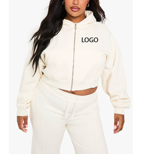 Sudadera con capucha corta XXL color nude de invierno, sin cordones, estilo urbano, de felpa francesa de doble capa, con cremallera para mujer - Product Image 1