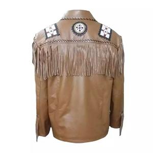Top High Quality Best Selling Men Western Style <b>Fringed</b> & <b>Beaded</b> Black Color Tassels Cowboy Leather Jacket - Product Image 6