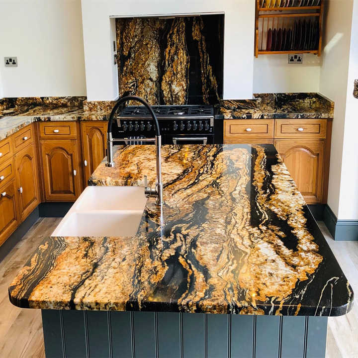 Waterfall Black and Gold Granite Kitchen Countertop Island