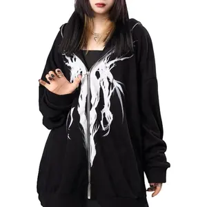 Y2K Gothic Zip Up Hoodie Black Oversize Long Sleeve Grunge Punk Dark Academia Jacket Emo E-Girl Clothes Unisex Women Men
