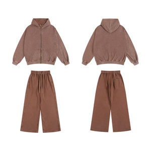 Streetwear unisexe fermeture éclair Vintage sweat veste personnalisé hommes soleil fané lourd français éponge en détresse acide lavage fermeture éclair à capuche - Product Image 2