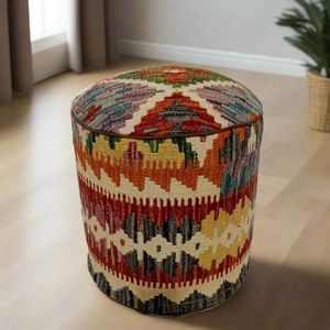 พรมกิลิมแบบดั้งเดิมที่ไม่เหมือนใคร ใช้เป็นเบาะรองนั่ง ที่วางเท้า ทำด้วยมือจากเชือกฝ้ายประดับลูกปัด รูปทรงกลม สำหรับตกแต่งงานแต่งงาน - Product Image 1