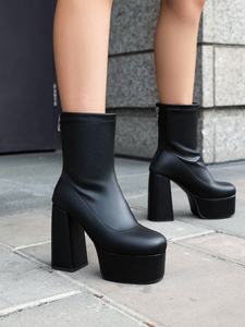 <span class=keywords><strong>Bottes</strong></span> pour femmes BUSY GIRL XY4625, grande taille 48, mi-<span class=keywords><strong>mollet</strong></span>, <span class=keywords><strong>cuir</strong></span> marron et blanc, extensible, fermeture éclair, plateforme, talon bloc, <span class=keywords><strong>bottes</strong></span> courtes pour femmes - Product Image 4