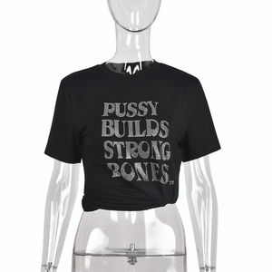 Top venta verano llegada hombres personalizado Bling mujeres camisetas Rhinestone Logo algodón camiseta Tops - Product Image 3