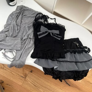 ชุดเสื้อกั๊ก Y2k เข้ารูปผูกโบว์ผู้หญิง3ชิ้น + เสื้อคาร์ดิแกนลำลอง + กระโปรงบางลายทางเอวสูงชิคฤดูใบไม้ร่วง - Product Image 6