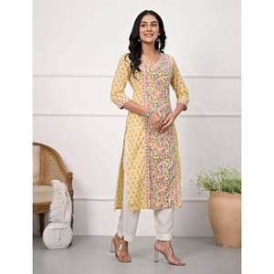 Yellow Jaal <b>Block</b> <b>Printed</b> Straight Kurti Traditional Indian Ethnic Cotton Straight Dress for Daily Wear Parties Floral Rayon - Product Image 4