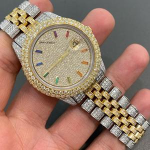 Reloj de Lujo de Dos Tonos con Moissanita y Acero Inoxidable, Esfera con Cristales, Estilo Hip Hop, Joyería con Diamantes, Reloj de Pulsera con Esfera de Baguette Arcoíris - Product Image 3