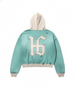 Custom Distressed Hoodie Applique Embroidery Patch <b>Zip</b> <b>up</b> Hoodie Jacket Heavyweight French Terry Acid Wash Vintage Hoodies Men - Product Image 5