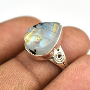 925 Sterling Silver <b>Rhodium</b> Plated Pear Cut Blue Moonstone Gemstone Boho Style Women's Wedding & Party Gift Handmade <b>Ring</b> - Product Image 3